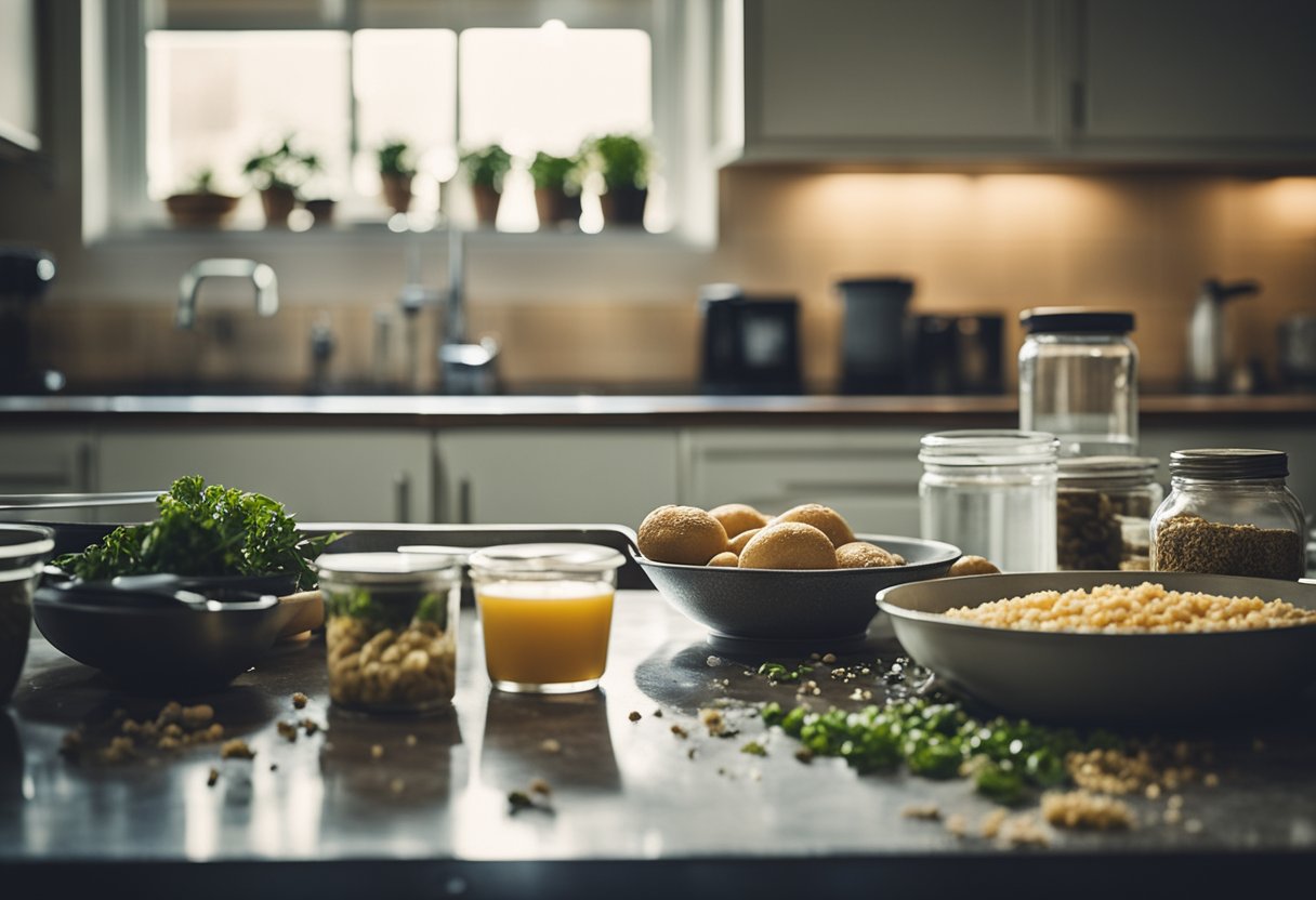 A contaminated food item sits on a kitchen counter, surrounded by dirty dishes and unclean surfaces