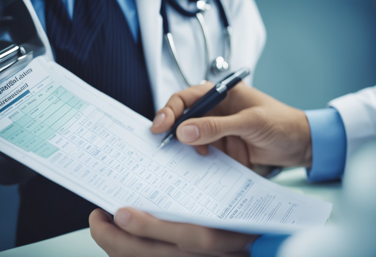 A doctor examines a patient's medical chart, noting symptoms of gastroenteritis