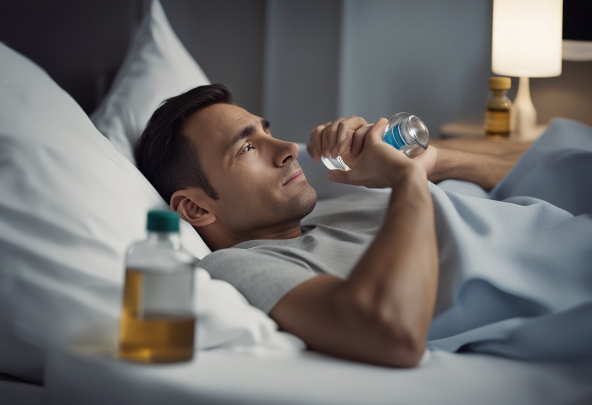 A person lying in bed with a fever, clutching their stomach in discomfort, a glass of water and a bottle of electrolyte solution on the bedside table