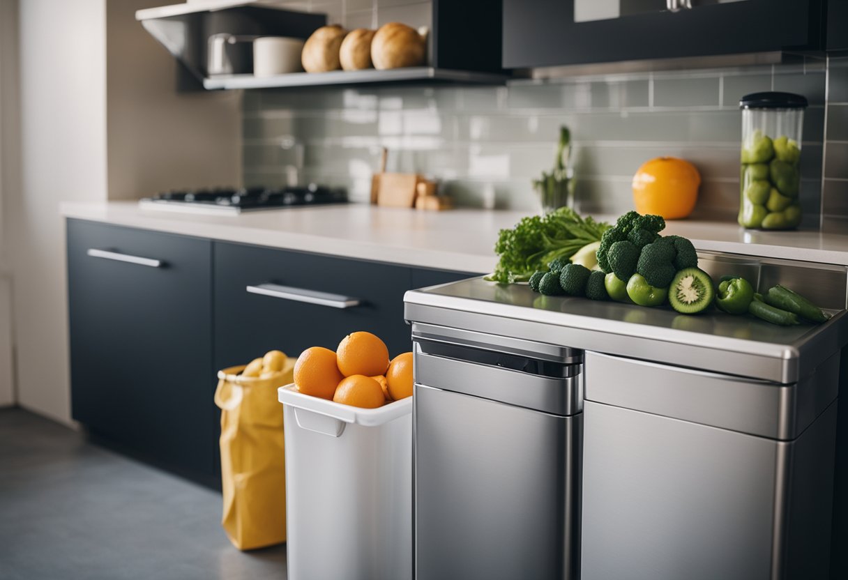 A clean kitchen with sanitized surfaces, a closed garbage bin, and a refrigerator stocked with fresh produce and properly stored leftovers