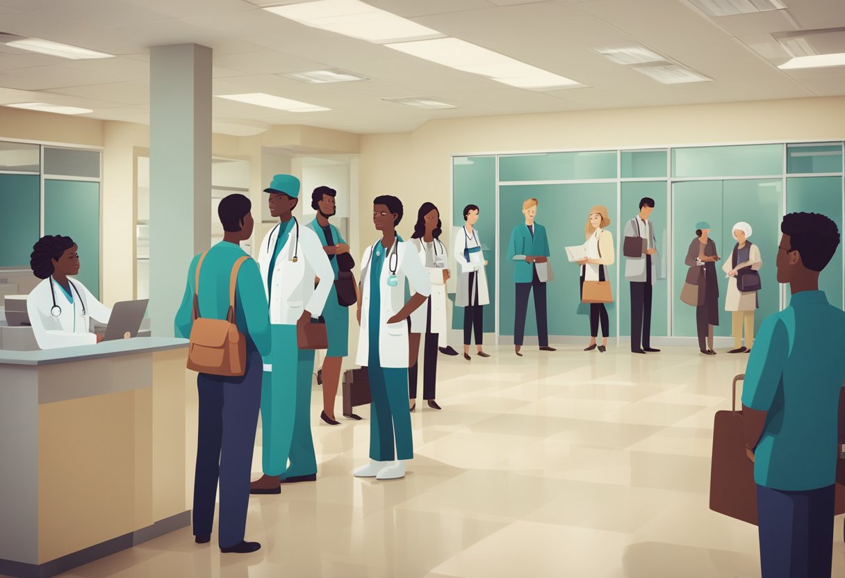 A group of people waiting in line at a medical clinic, some looking unwell, while others consult a sign that reads "Frequently Asked Questions Gastroenteritis."