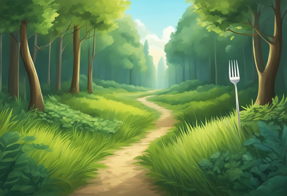 A fork in a forest path, one road well-trodden, the other overgrown, symbolizing choices in life
