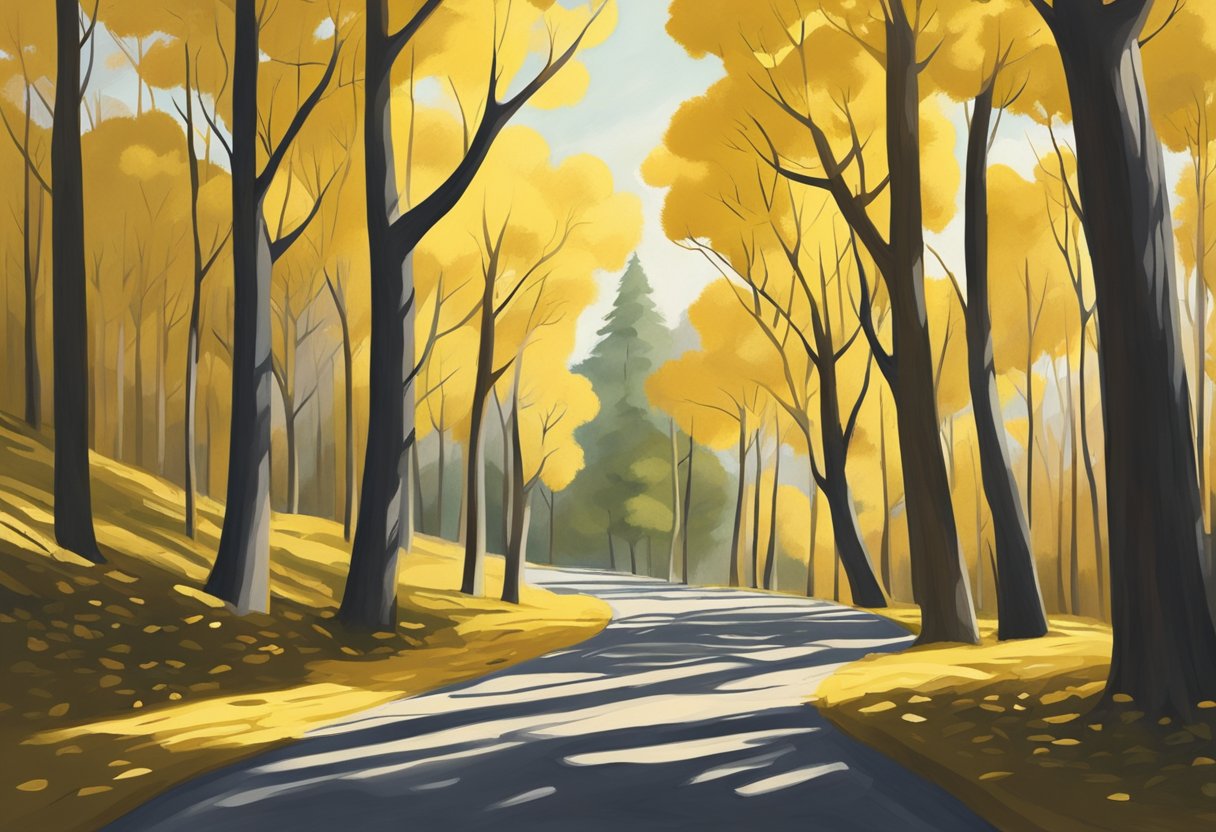 A winding road splits in a yellow wood, with one path less traveled. Trees stand tall, casting shadows. The scene evokes a sense of decision-making and the unknown