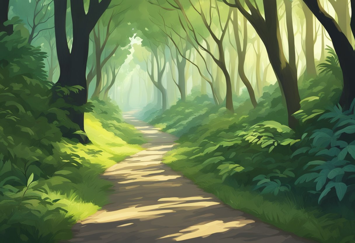 A forked road in a dense forest, with one path well-trodden and the other overgrown. Sunlight filters through the trees, casting shadows on the diverging paths