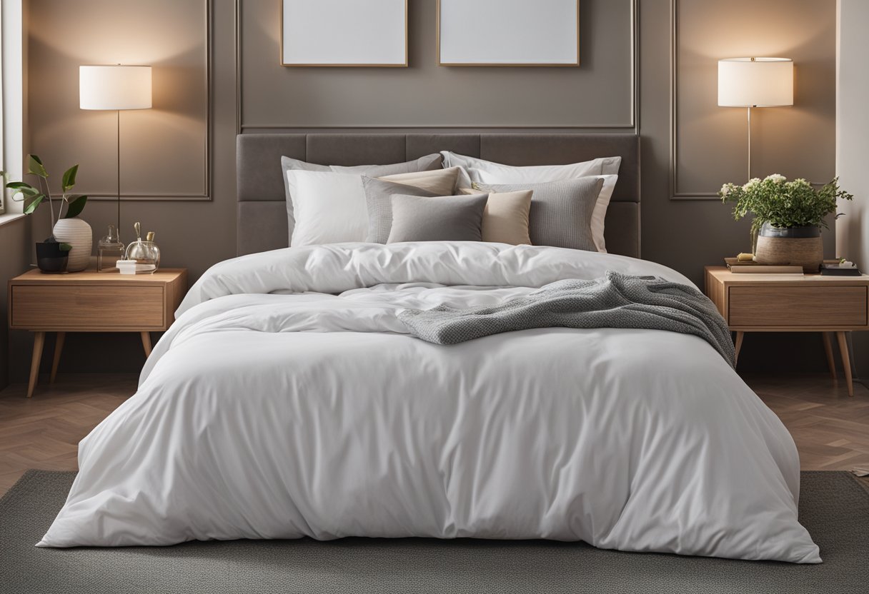 A cozy bed with a clean, fluffy comforter, freshly washed and free of stains or odors. The room is tidy and inviting, with a sense of comfort and cleanliness