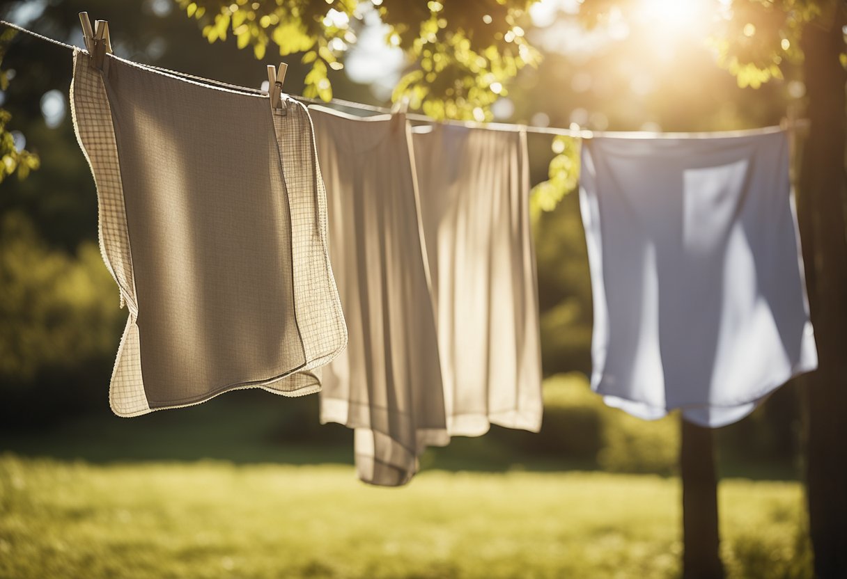 A bed comforter hanging on a clothesline, surrounded by a sunny outdoor setting. A calendar nearby with different days marked for washing