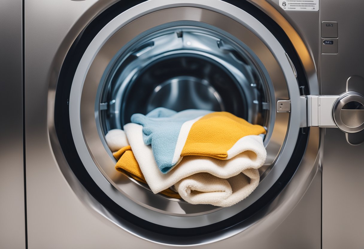 A bed comforter being washed in a large front-loading washing machine with detergent and set on a gentle cycle