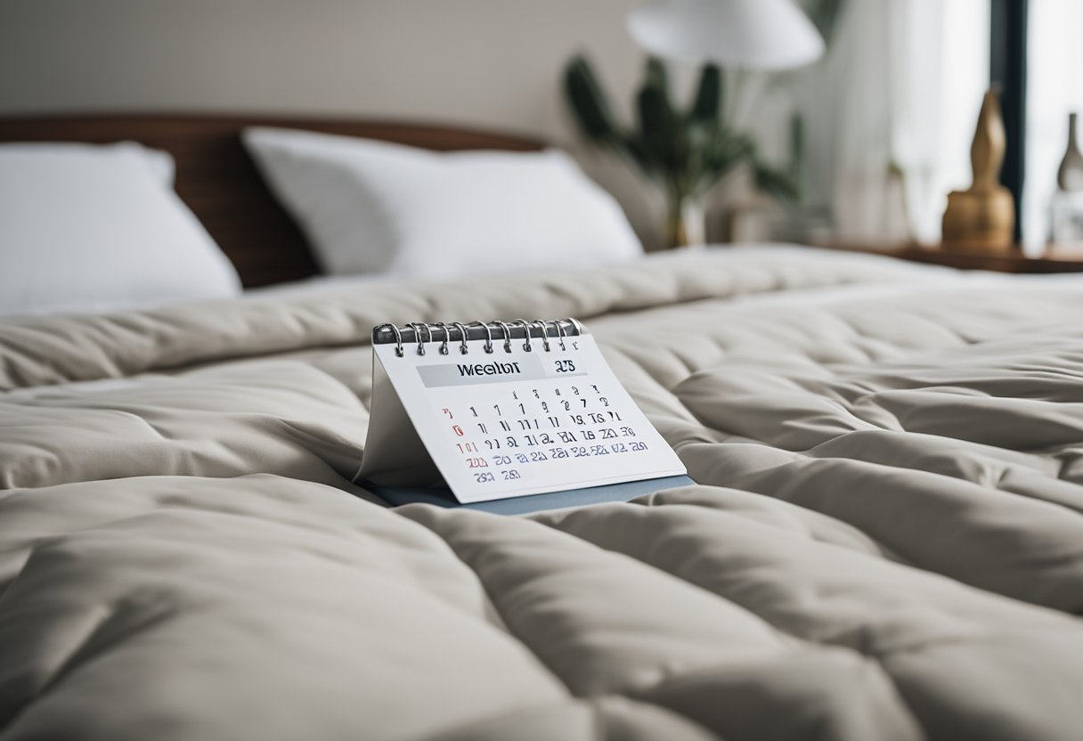 A bed comforter lying on a neatly made bed, with a calendar nearby showing intervals of 1-2 months between washes