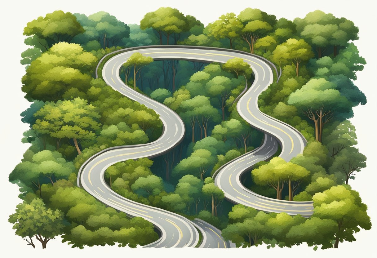 A winding road splits into two paths, surrounded by dense woods. One path is well-trodden, while the other is overgrown and less traveled