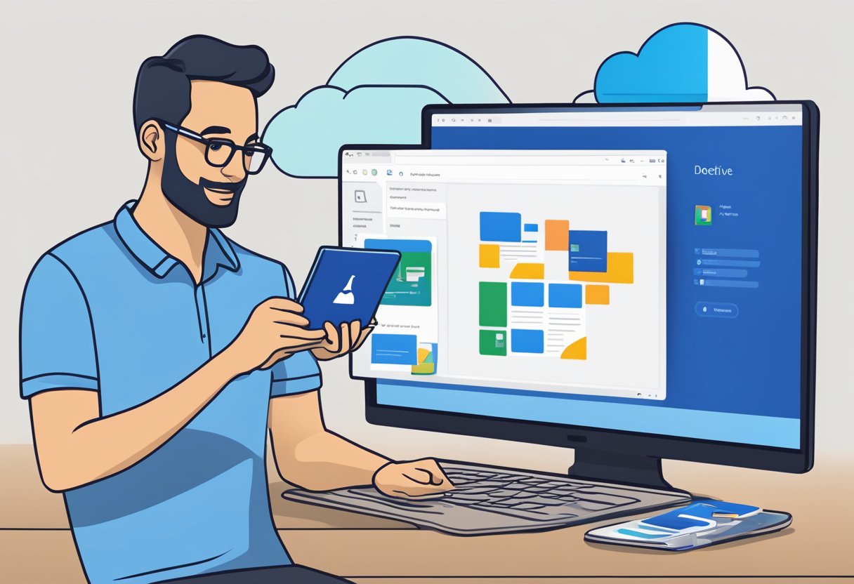 Devices open to OneDrive, user selects file, taps delete option, confirms deletion, file disappears from screen
