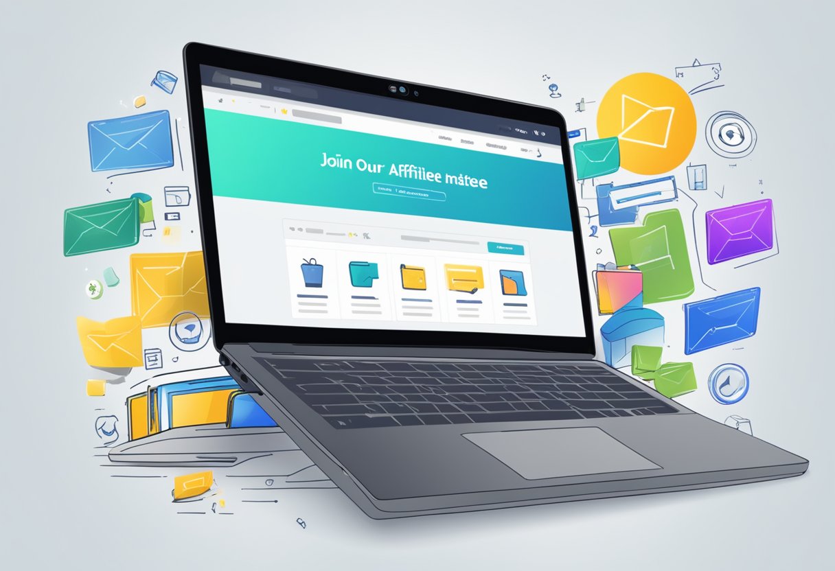 A laptop displaying the BigCommerce website with a "Join our Affiliate Program" button prominently featured