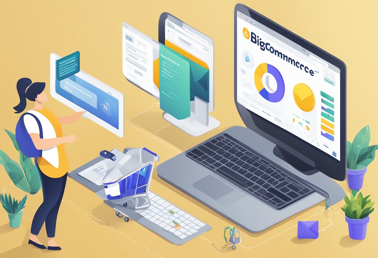 A computer screen displaying the BigCommerce Affiliate Program website with a detailed review and positive ratings. The logo and branding are prominent, and there are icons representing different features and benefits