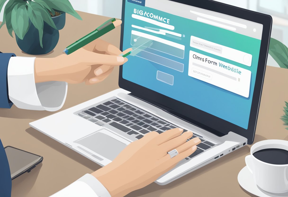 A laptop displaying the BigCommerce website with an affiliate program sign-up form. A person's hand holding a pen ready to fill out the form