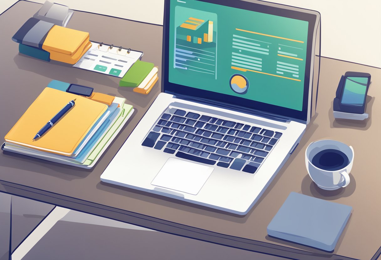 A table with a laptop, notepad, and pen. A graph showing commission structure and payout details. BigCommerce logo in the background