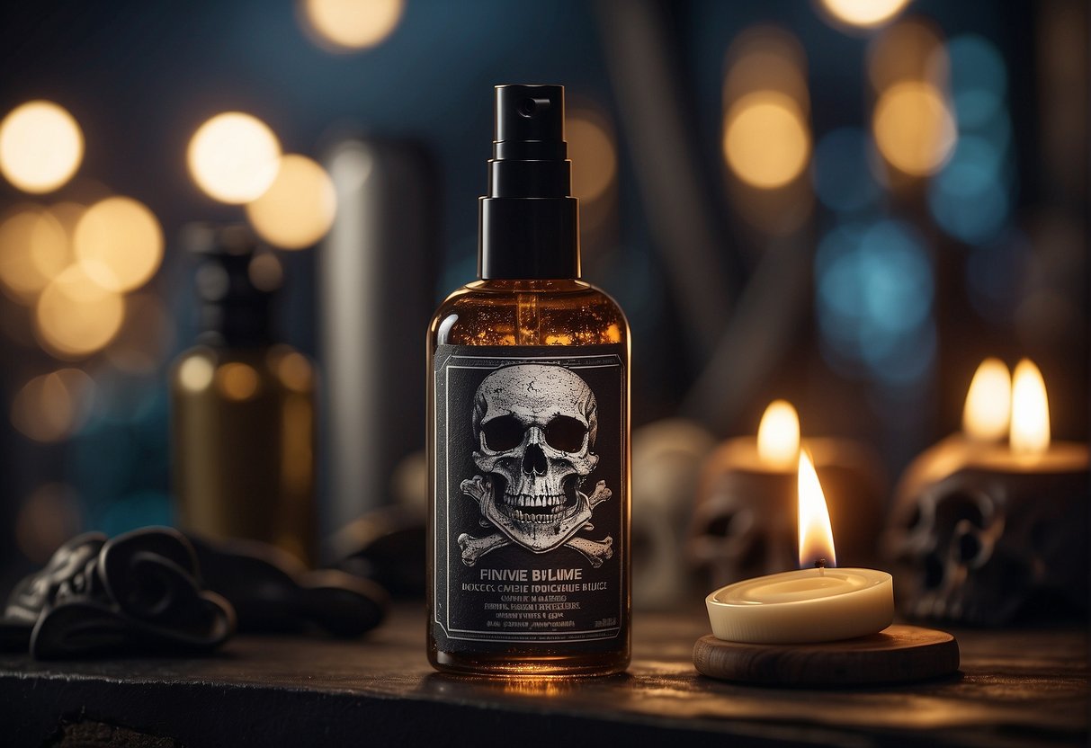 A bottle of skincare product emits toxic fumes, surrounded by warning signs and a skull and crossbones symbol