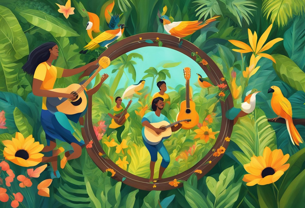 A lively samba circle with guitars, tambourines, and pandeiros, surrounded by vibrant Brazilian flora and fauna