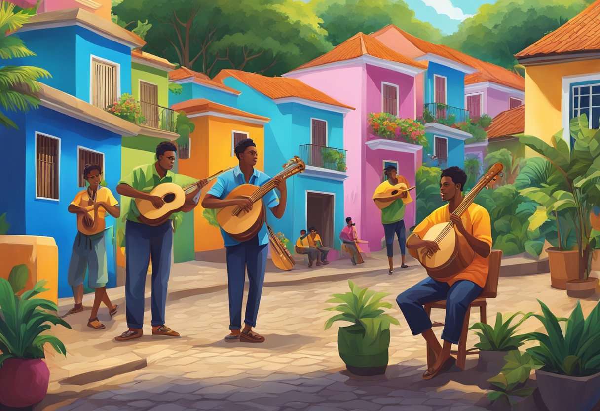 A vibrant street scene in Brazil with musicians playing traditional instruments, surrounded by colorful buildings and lush greenery