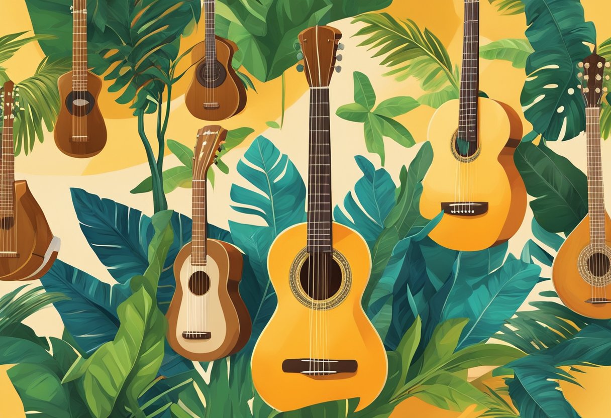 The iconic instruments of Brazilian popular music history, including the guitar, cavaquinho, pandeiro, and berimbau, are arranged on a vibrant, tropical background