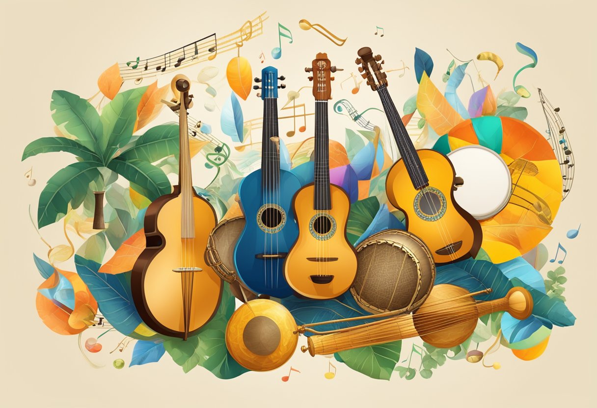 A colorful collage of Brazilian musical instruments, including the pandeiro, cuíca, and berimbau, surrounded by historical music notes and symbols