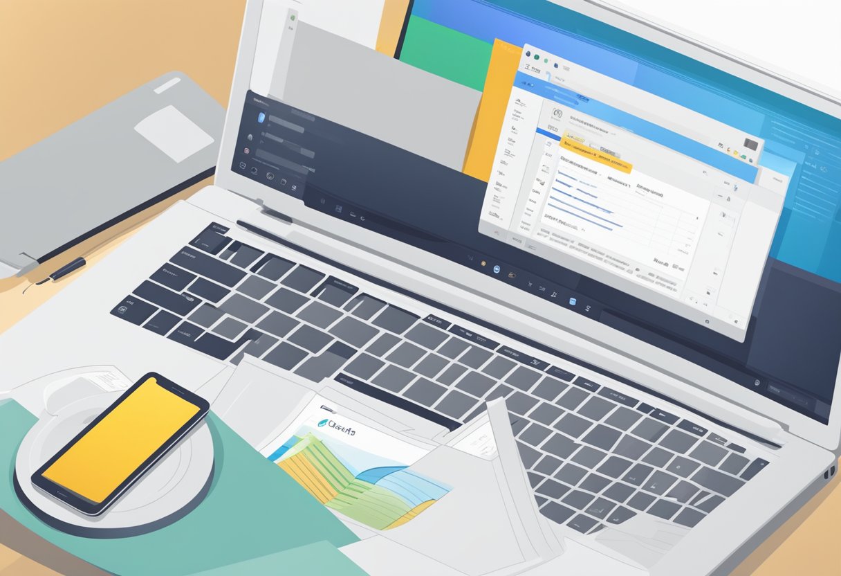 An open laptop displaying the Outlook email interface, with a search bar at the top and a list of emails below