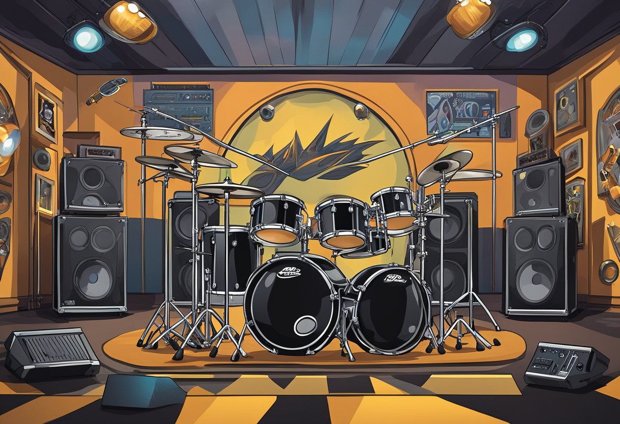 A stage with electric guitars, drums, and amplifiers. Posters of iconic rock bands and musicians adorn the walls. The energy of rock history is palpable in the air