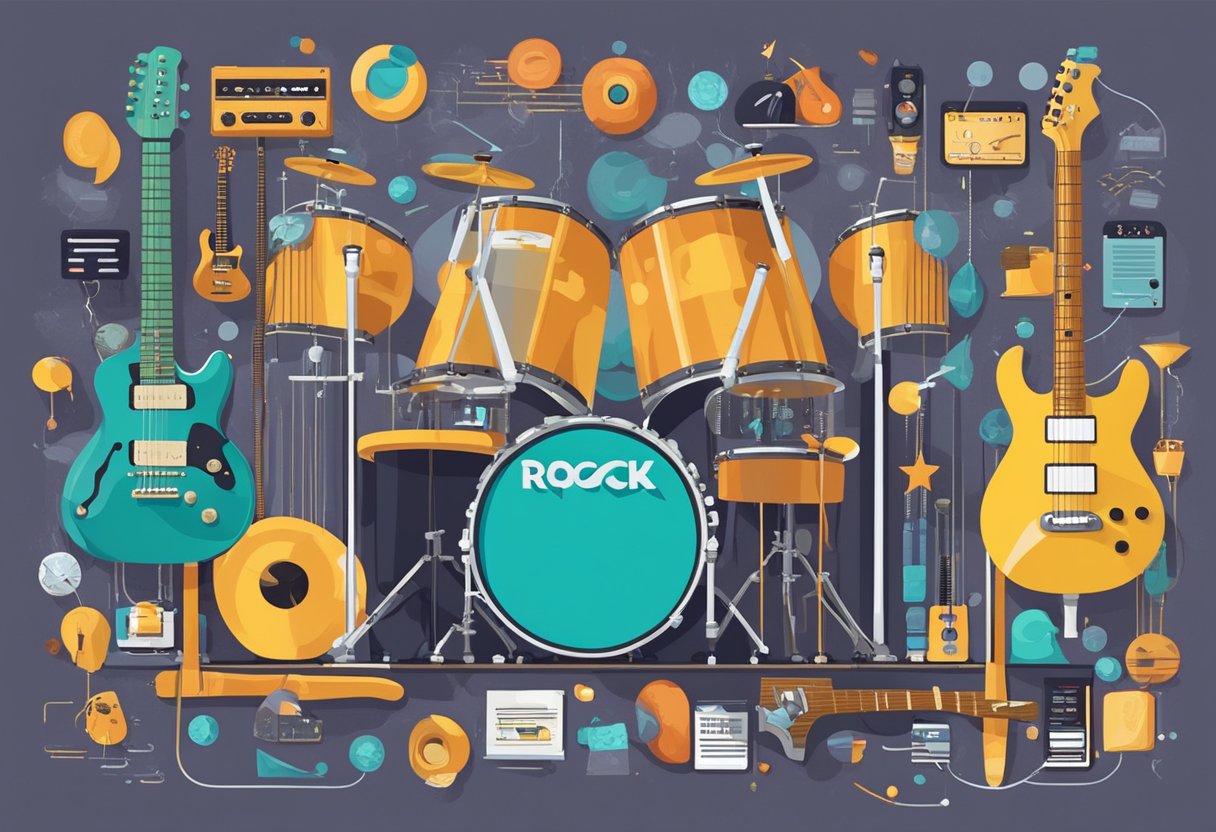 A colorful timeline of rock history with iconic instruments like guitars, drums, and microphones displayed. Text bubbles with common FAQs about rock music