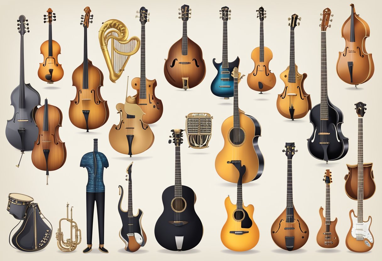 A collection of popular music instruments displayed with labels and historical information