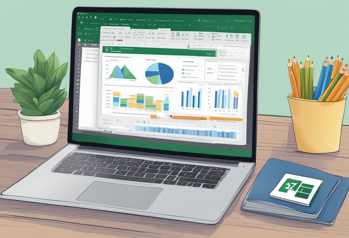 An open laptop displaying an Excel workbook with a "Share" button highlighted. A cursor clicks on the button, prompting a dropdown menu with options for sharing the file for editing