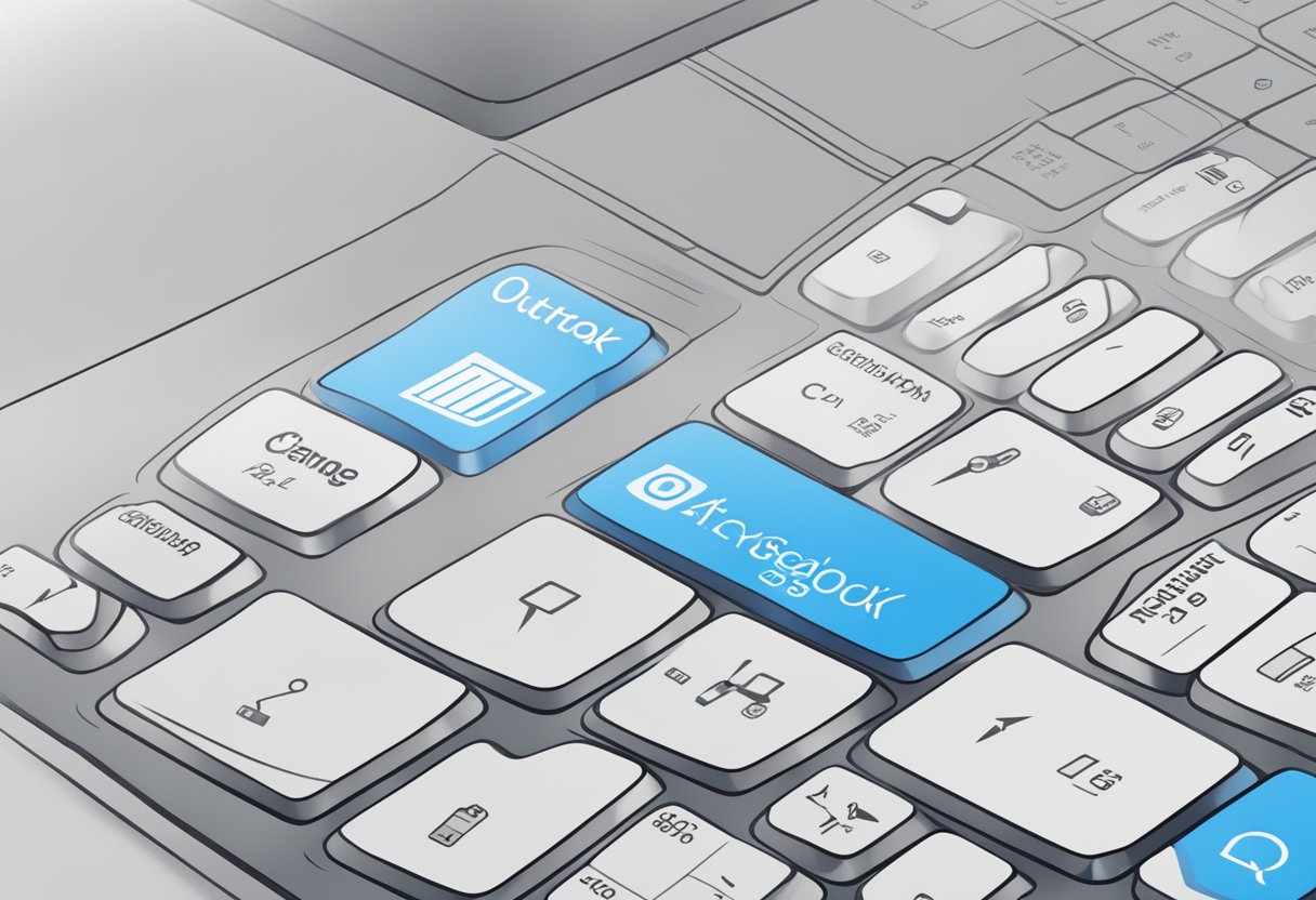 A computer screen displaying the Outlook account settings page, with a cursor hovering over the "Change Password" option. A keyboard and mouse are nearby