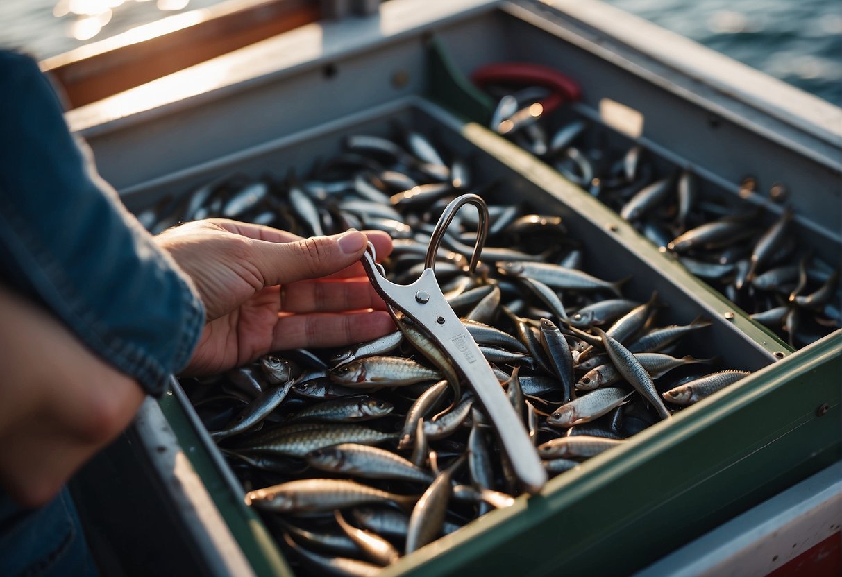 A hand reaches for a fish hook remover tool from a tackle box on a boat deck