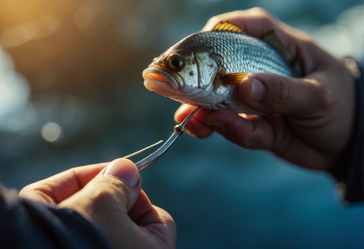 A fish hook remover is used to gently extract a hook from a fish's mouth, ensuring minimal harm to the fish