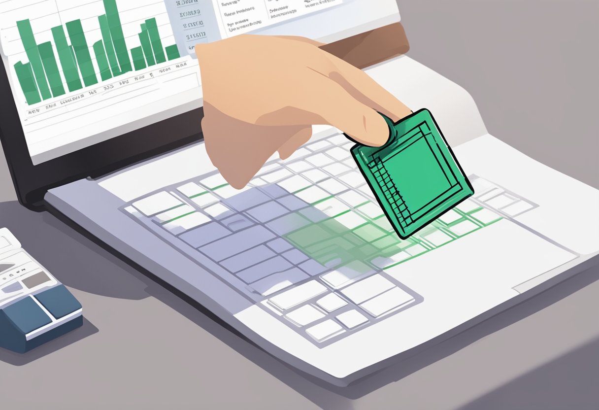A hand holding a transparent stamp, pressing it onto an Excel document, leaving a watermark behind