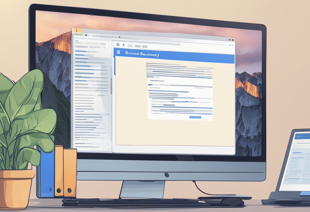 A computer screen displaying a corrupted Word document with a progress bar indicating recovery. A folder icon labeled "recovered files" sits next to the screen