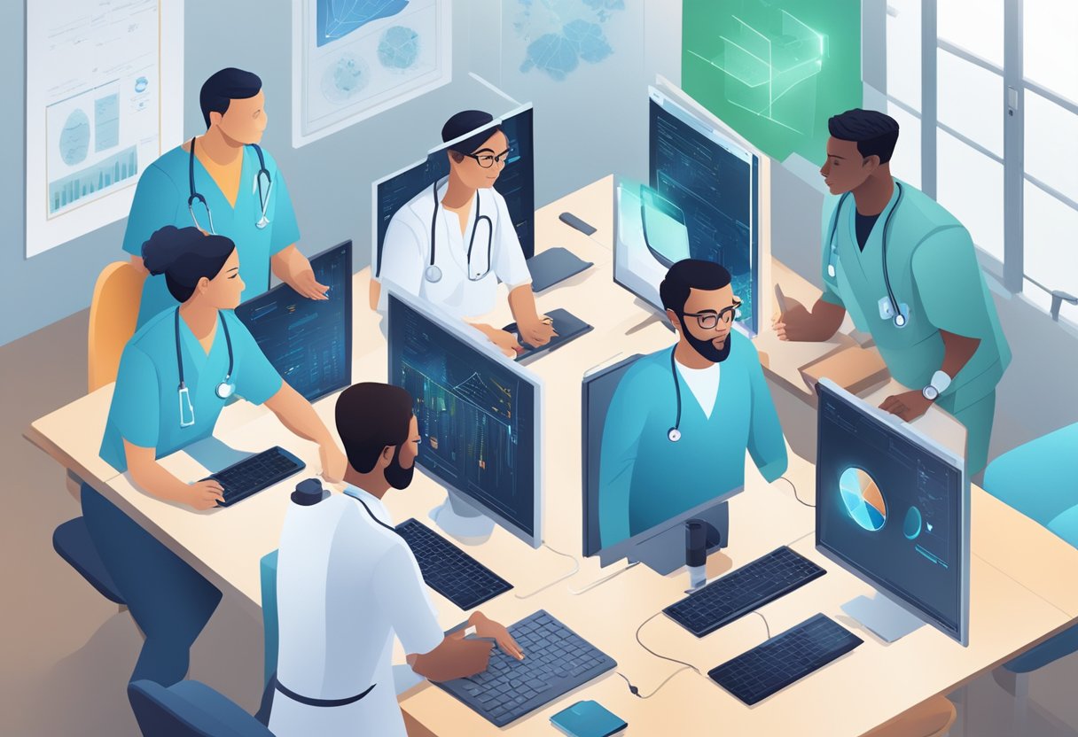 A group of medical professionals collaborate around a computer, analyzing data and discussing AI for Health applications