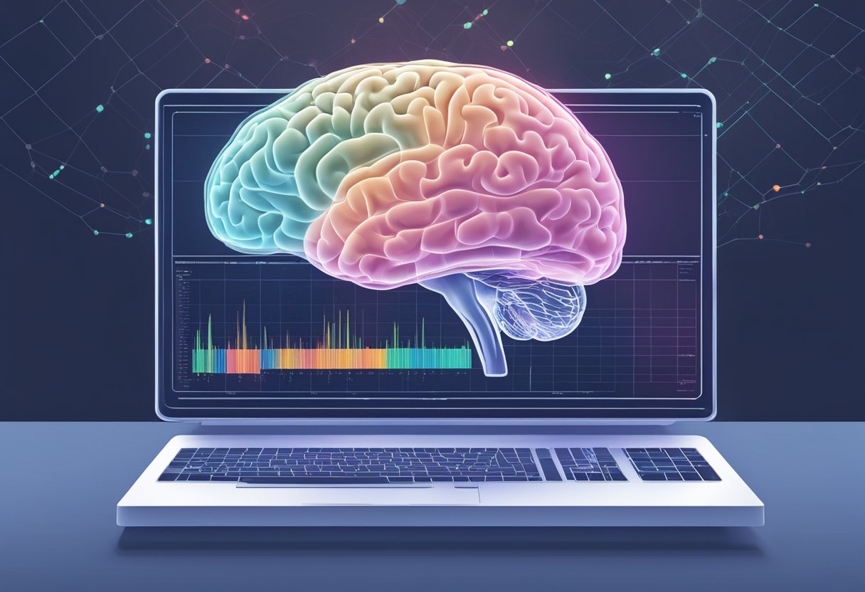 A computer-generated brain scan displays AI analyzing medical data for healthcare