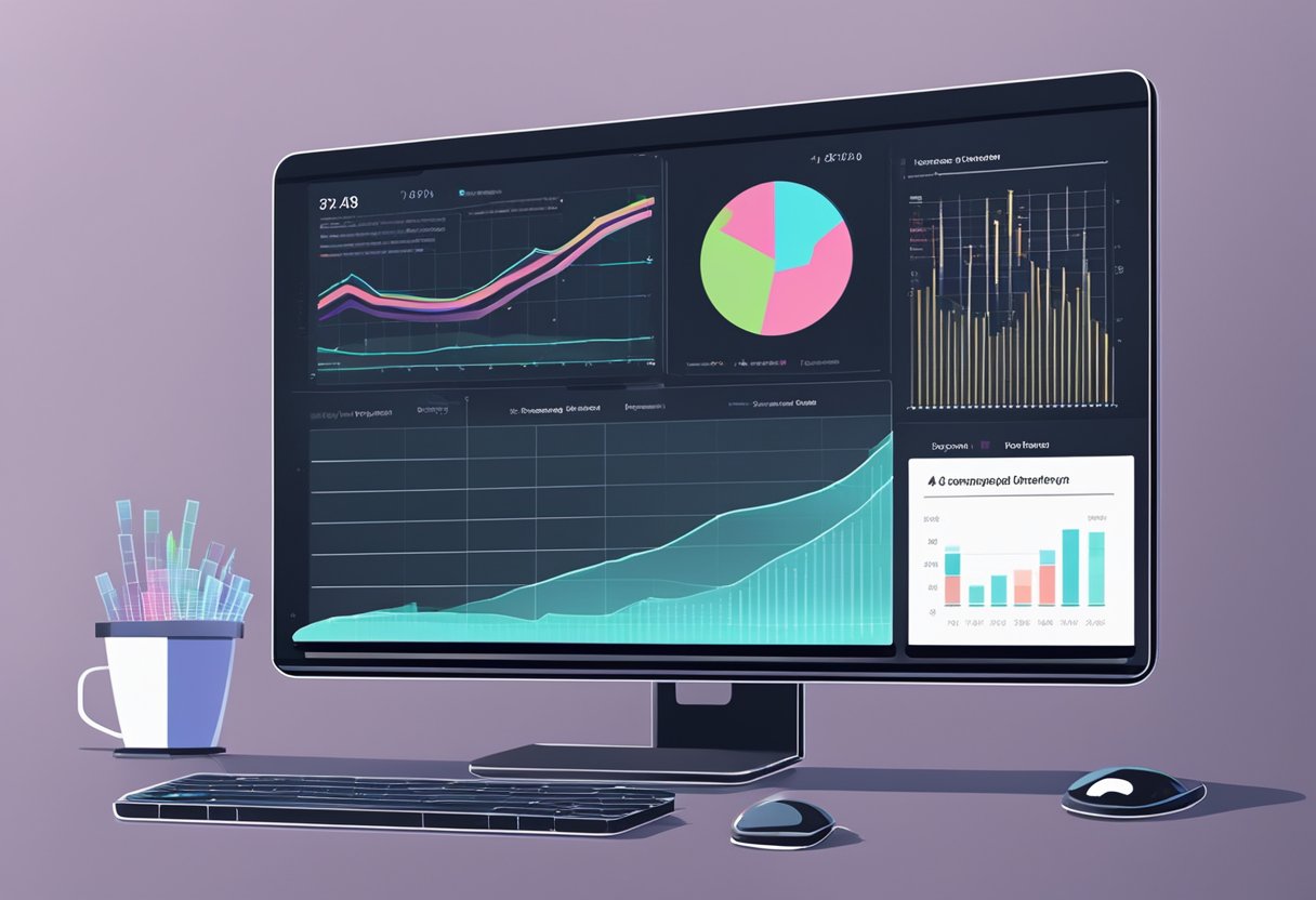 A computer monitor displays data on AI for public health. Graphs and charts show trends and analysis