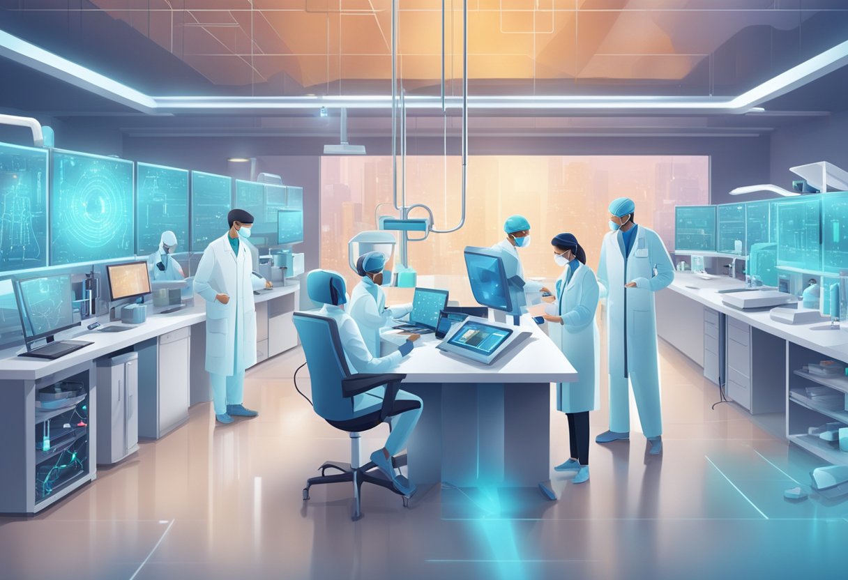 A futuristic lab with AI-powered medical equipment and scientists conducting research