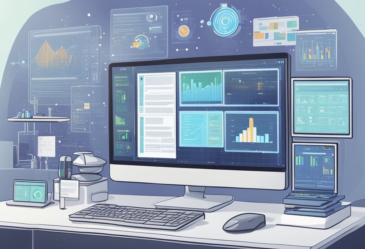 A computer screen displaying data on AI for Health, surrounded by medical equipment and research papers