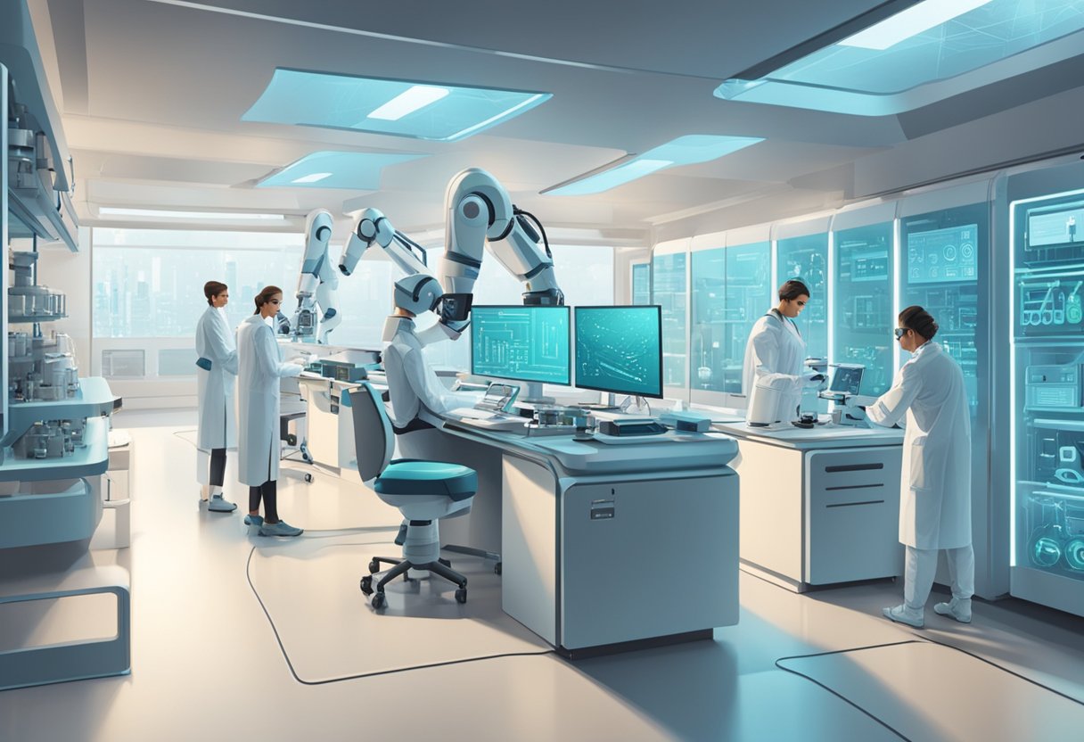 A futuristic laboratory with AI-powered medical equipment and robotic assistants working alongside human researchers