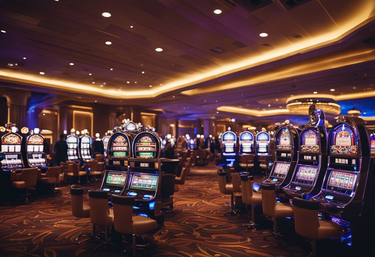 A bustling live casino with colorful slot machines, roulette tables, and poker games. The room is filled with excitement, bright lights, and the sound of chips clinking
