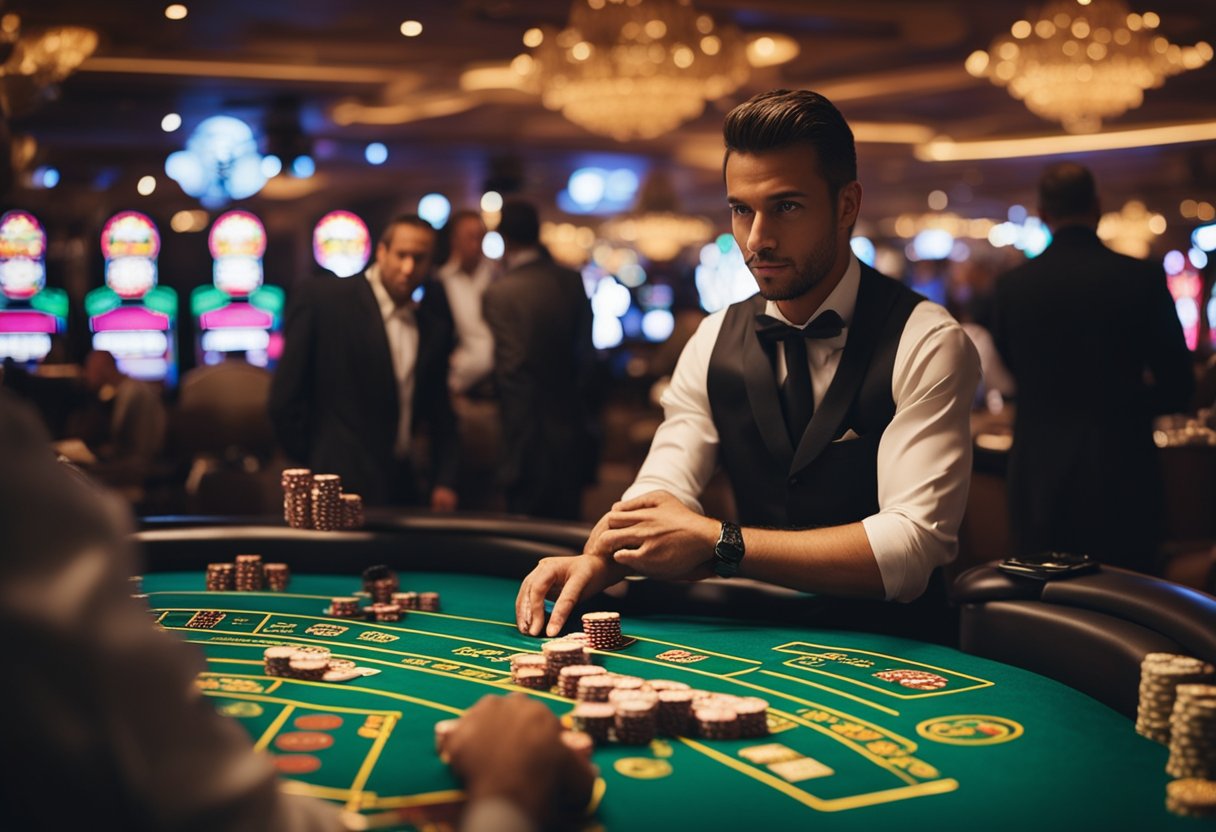 A bustling casino floor with live dealers at tables, players placing bets, and a lively atmosphere with flashing lights and sounds