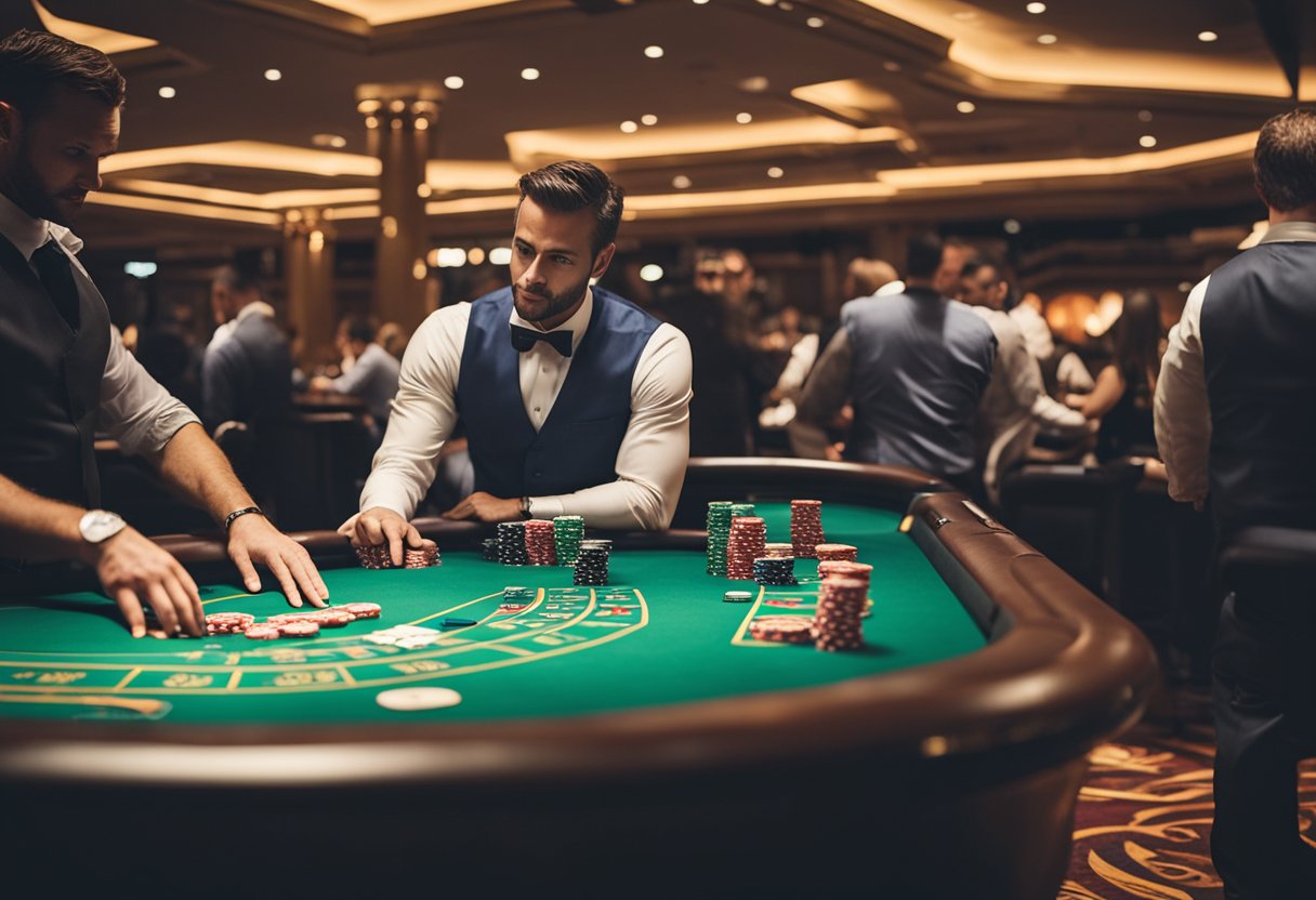 A bustling casino floor with various live table games, including blackjack, roulette, and poker. Dealers and players interact in real-time, creating an exciting and immersive atmosphere