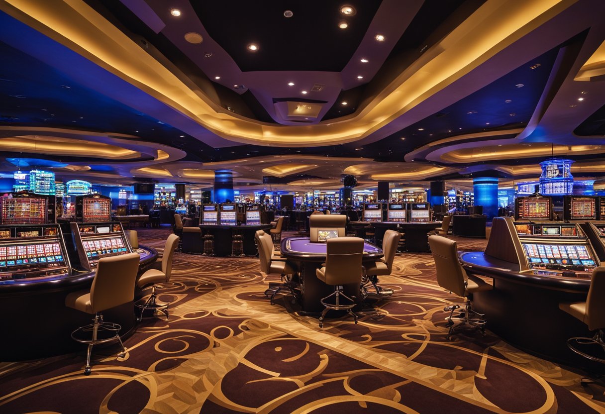 A sleek, modern casino studio with state-of-the-art equipment and technology. Multiple camera angles capture the action at the live casino tables