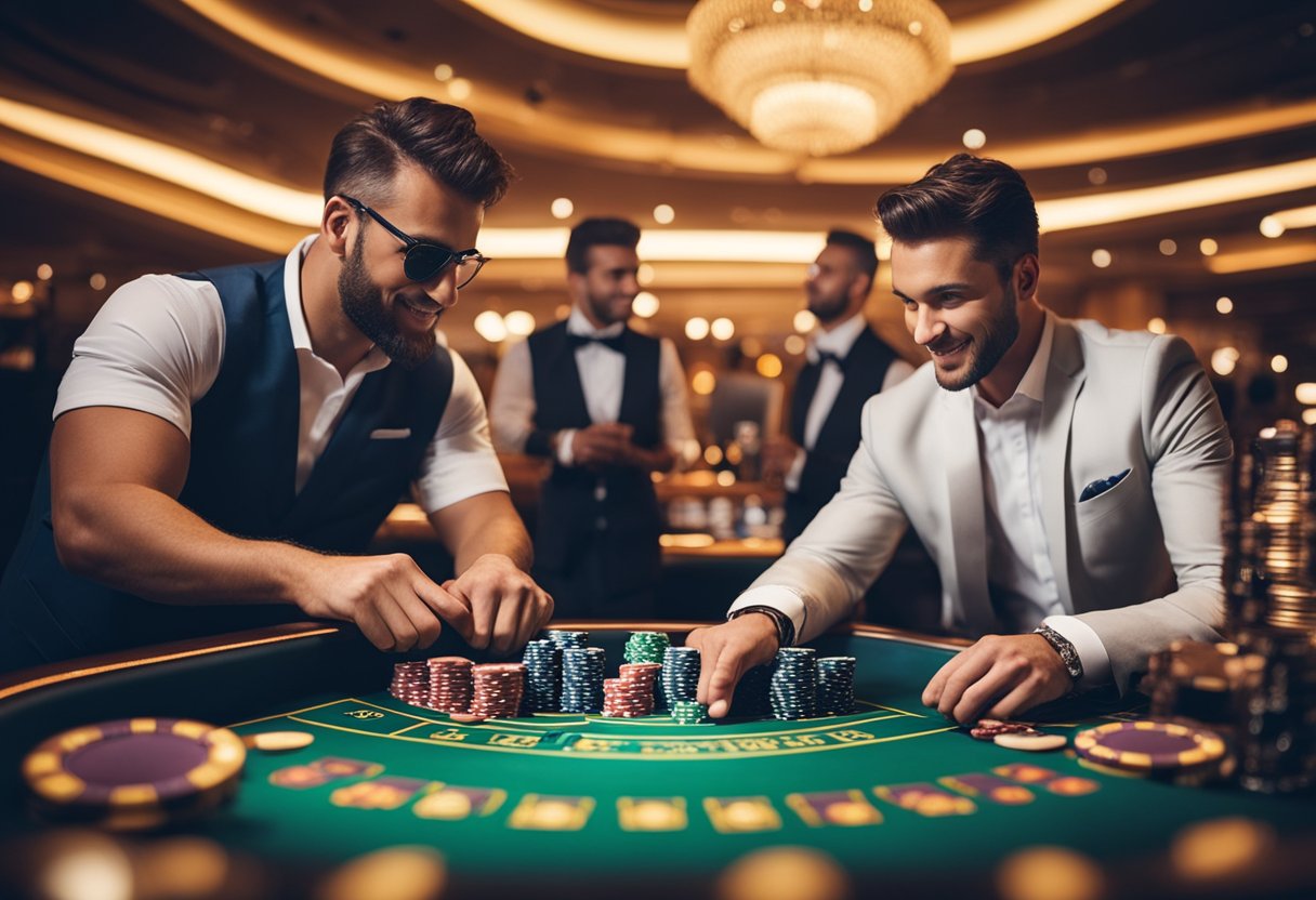Players enjoying interactive games with professional dealers at a live casino table, surrounded by a vibrant and engaging atmosphere