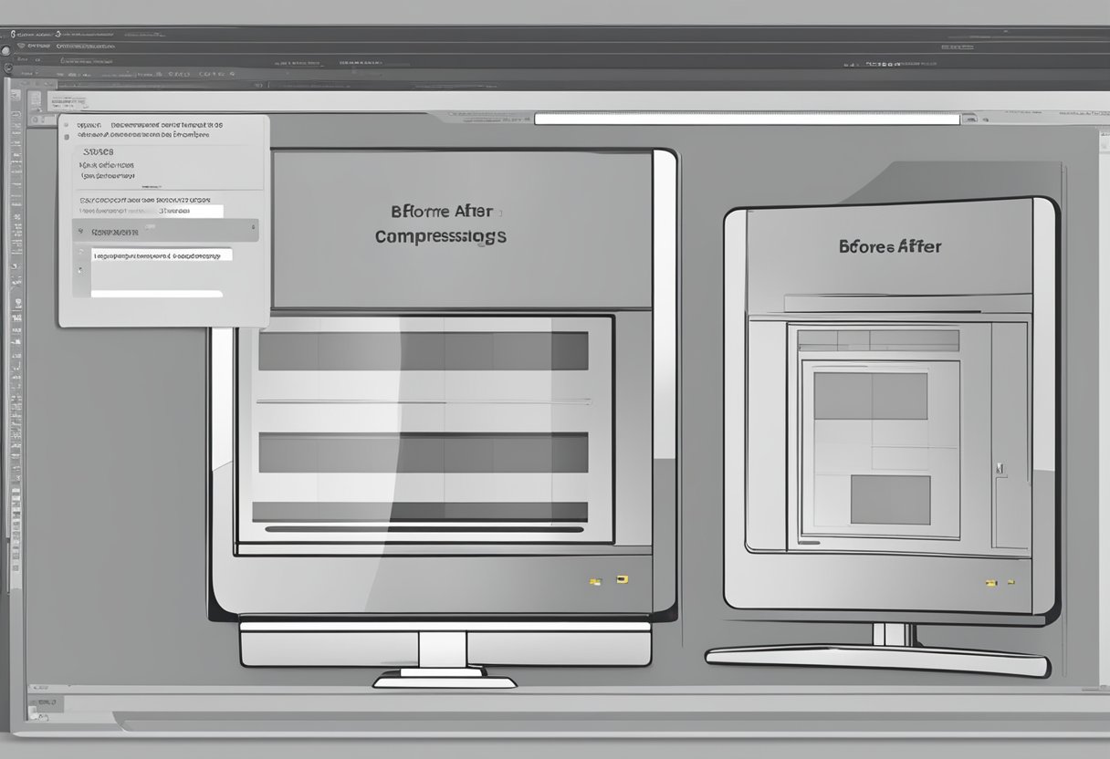 A computer screen showing a before and after comparison of a high-resolution image being compressed into a smaller file size. A progress bar indicates the reduction process