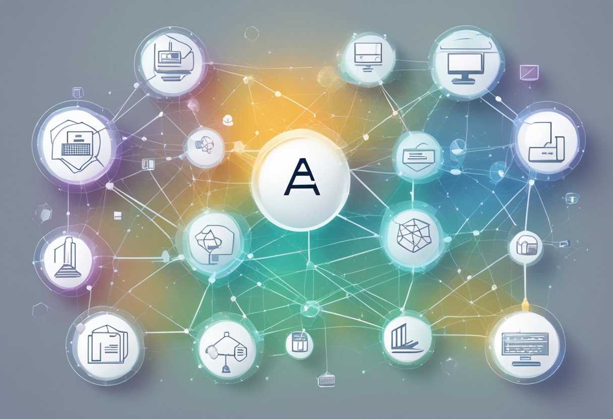 A network of interconnected nodes representing different aspects of enterprise architecture, with "EA" prominently displayed on a digital interface