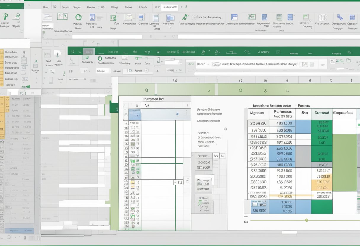An Excel spreadsheet with page numbers being added in the header or footer, along with a toolbar showing the steps to insert page numbers
