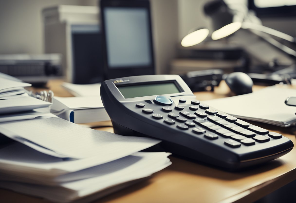 A desk cluttered with paperwork, a computer, and a calculator. A phone off the hook and a frustrated expression on the face of a person sitting at the desk