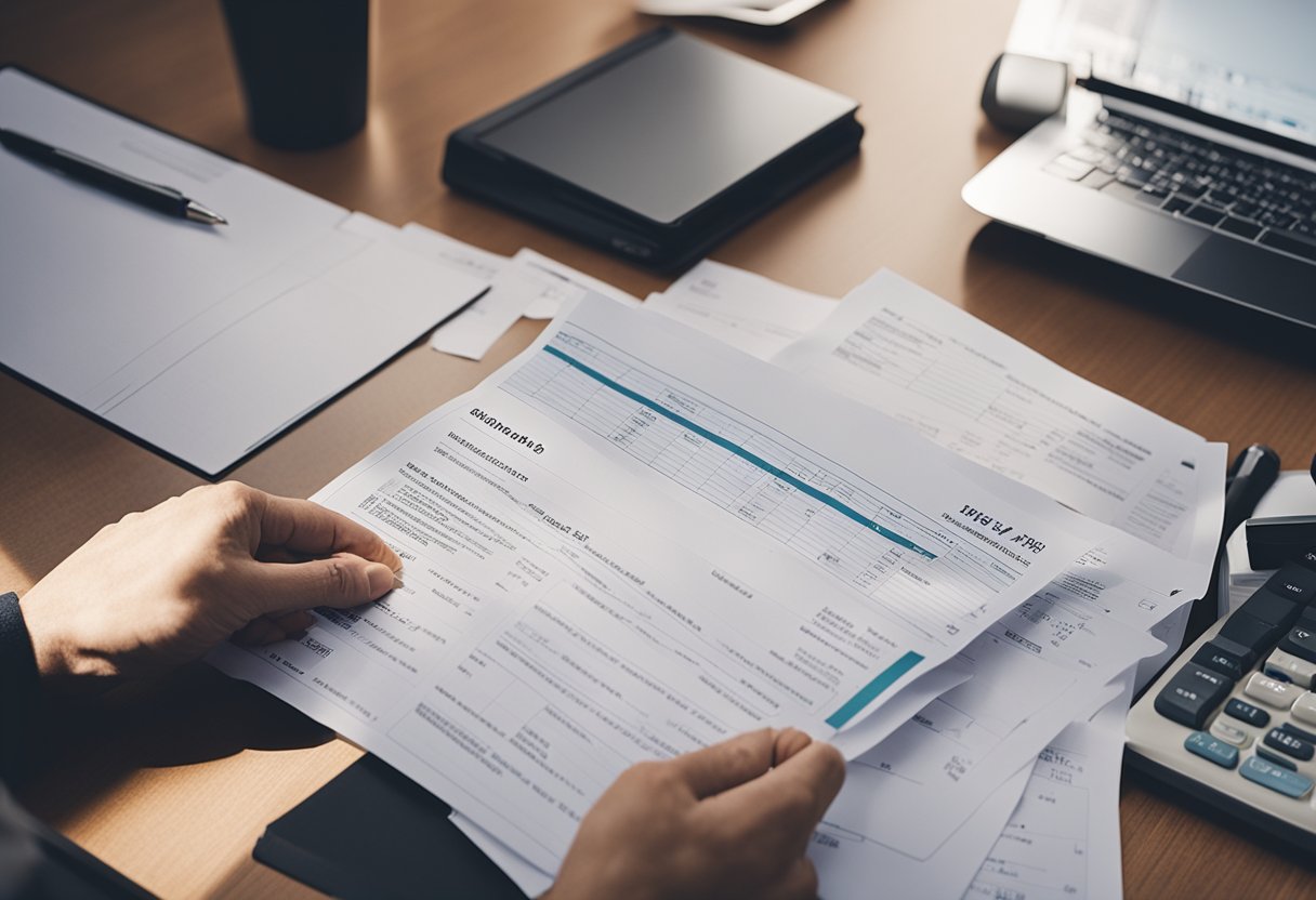 A desk with paperwork, a computer, and a stack of financial documents. A person holding a pen and looking at a checklist