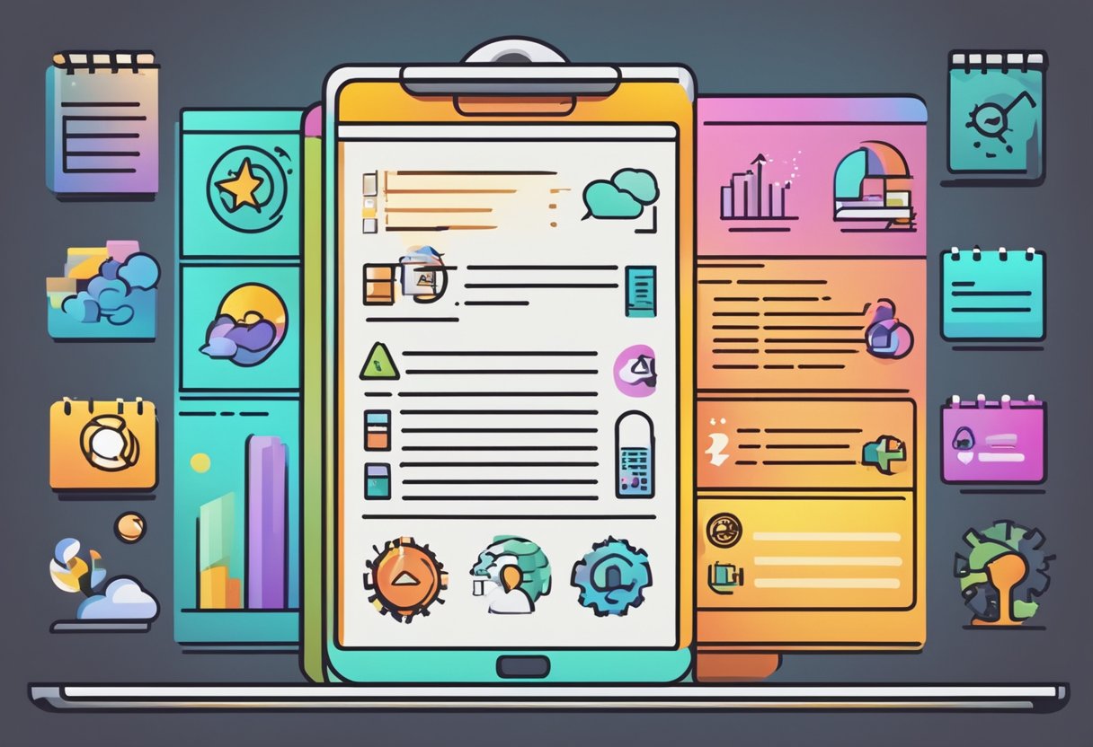 A slide with a bulleted list, surrounded by colorful graphics and icons, displayed on a screen in a dimly lit room